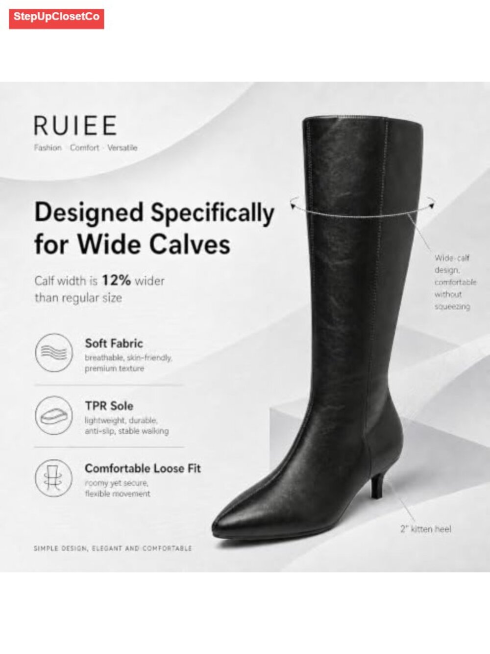 Wide Calf Knee High Boots Memory Foam Faux Leather Riding Boots - Picture 3 of 6